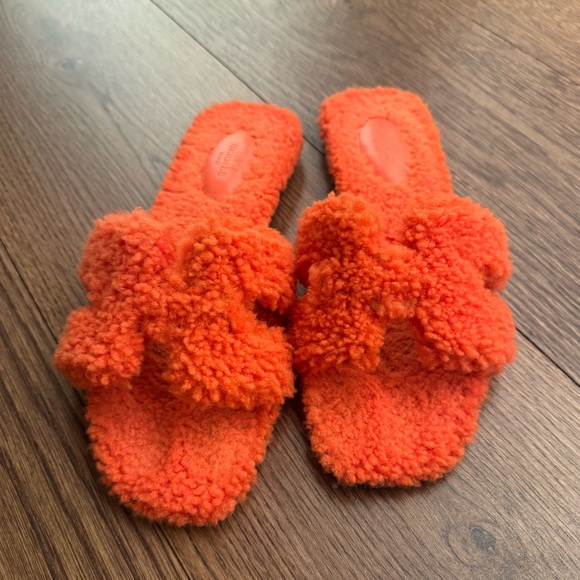 Hermes Shoes - Hermes Oran Shearling Orange Slide Sandals